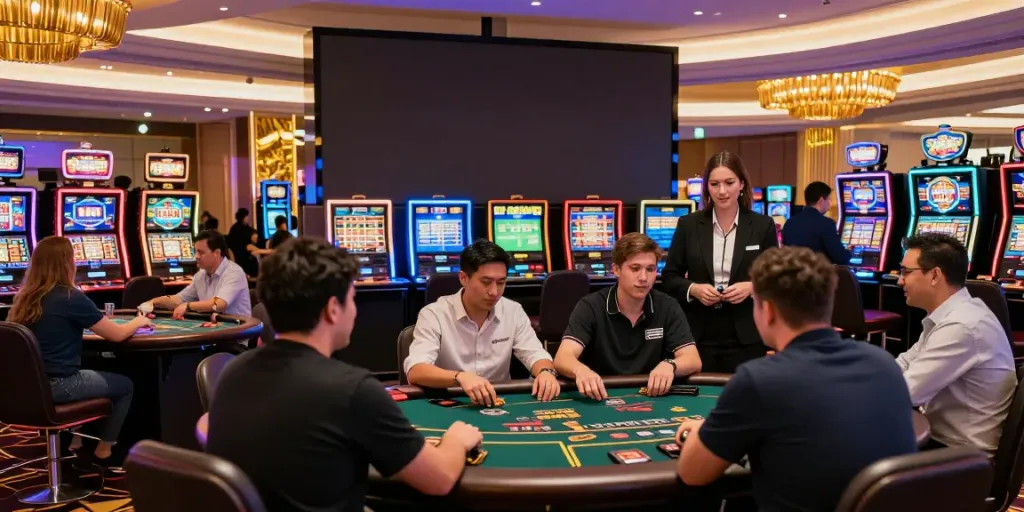 Exciting GEM88 gaming scene with players at various casino tables and bright slot machines.