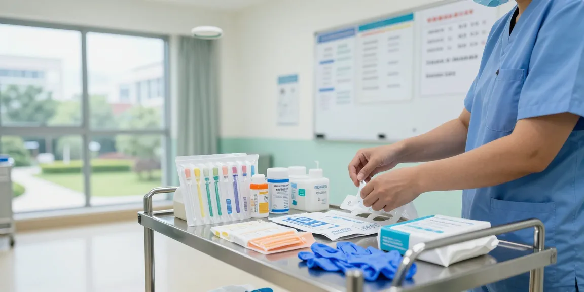 Organized catheter supplies on a hospital cart, showcasing essential medical tools for patient care.