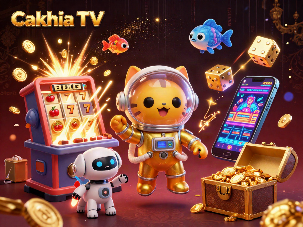 Cakhia TV showcases a vibrant space scene with a cat and robot dog enjoying casino themed elements and winning moments.