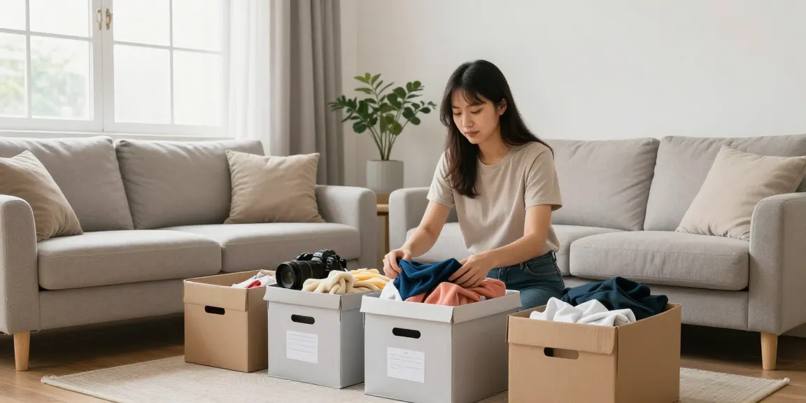 Declutter Ottawa: Home organizer sorting belongings in a bright, tidy living room.