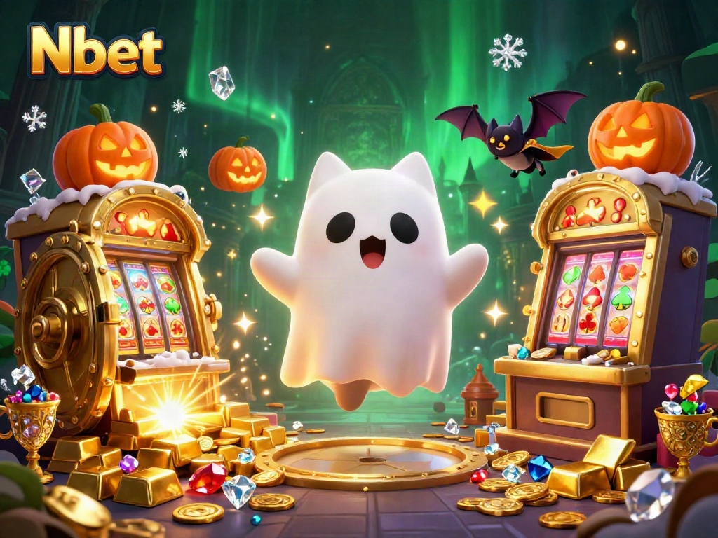 Nbet offers thrilling casino experiences with friendly ghost cat, treasures, and vibrant haunted imagery.