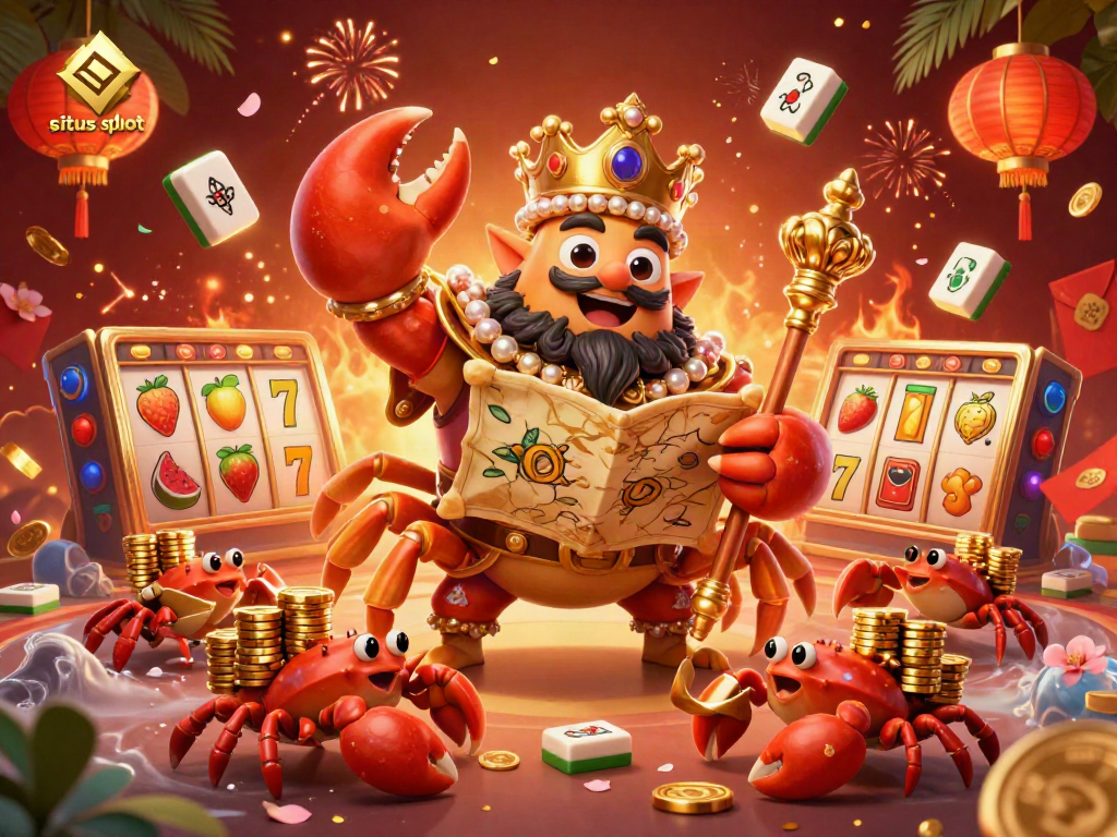 Engage with situs slot in a vibrant casino scene featuring a golden crab emperor and dynamic elements.