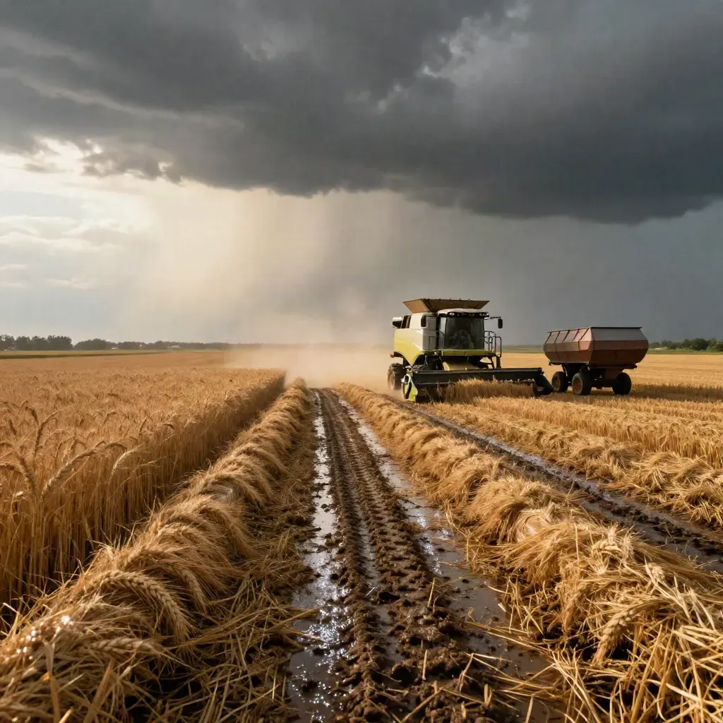 Combine and grain cart in wet wheat rows after a storm at sunset