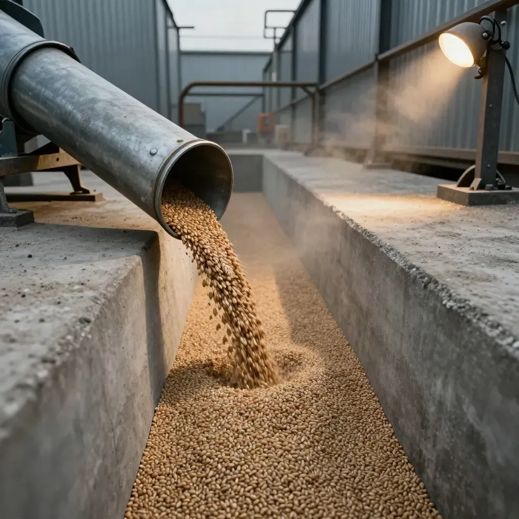 Wheat streams through a grain pit and auger setup in a hazy farm yard.
