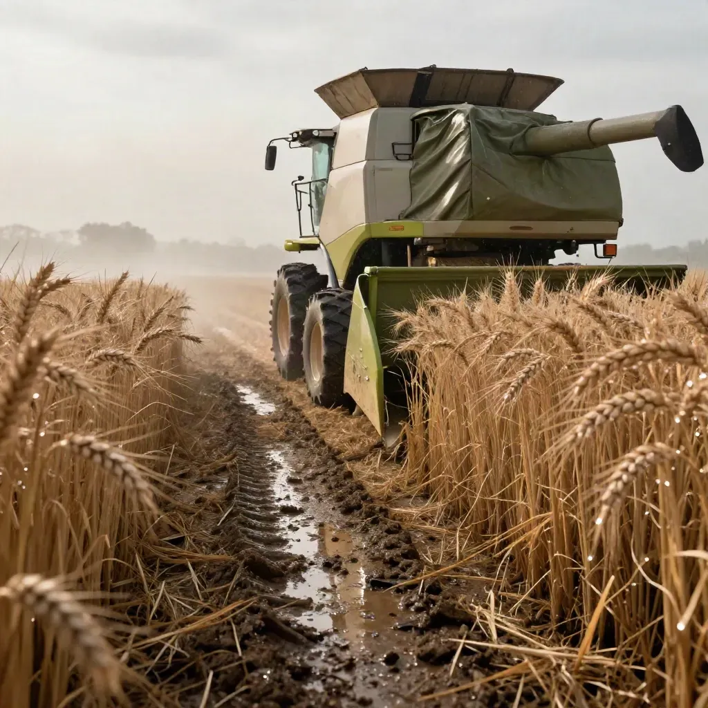 Wet wheat field details with tarp edge, cut stubble, and grain cart tire at the turn row.
