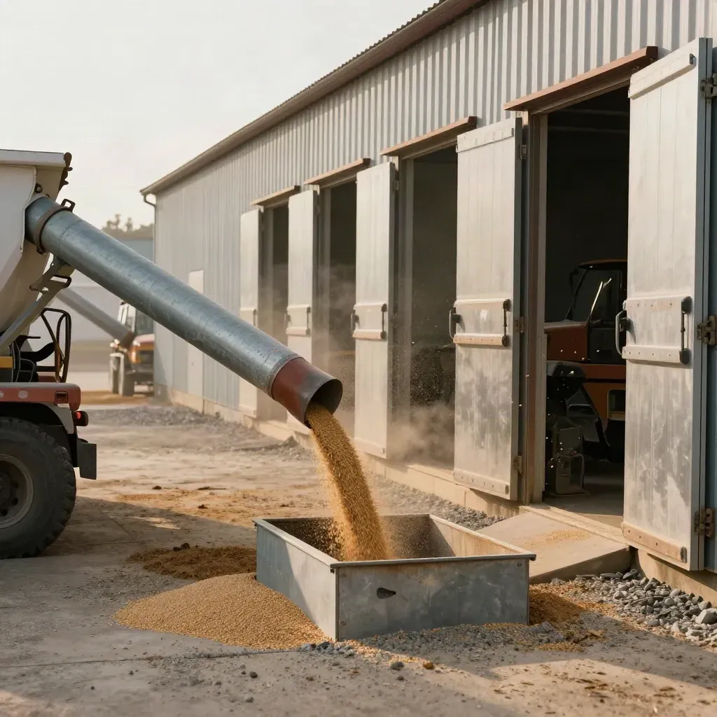 Grain co-op yard with queued trucks, open bin doors, and moving auger belts in dusty light.
