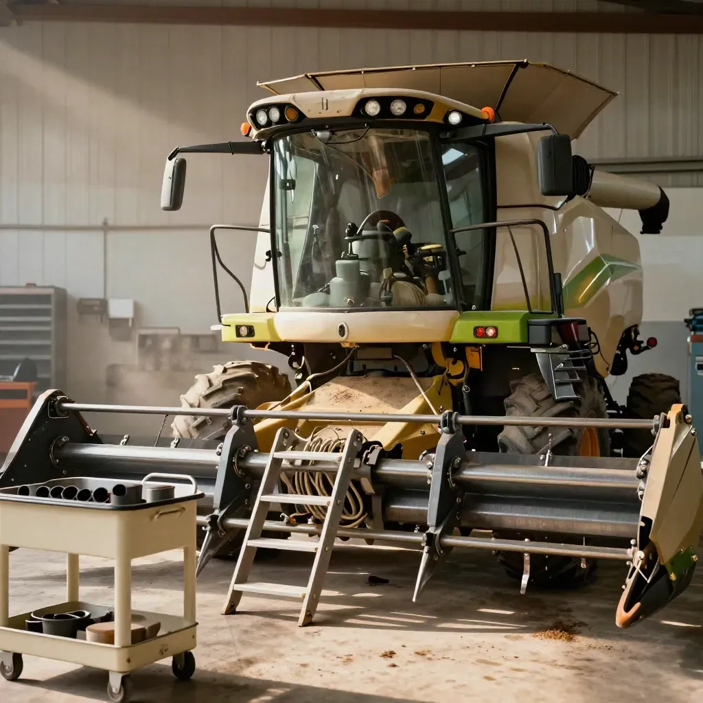 Reassembled barley combine in a spotless shop bay, ready before harvest week.
