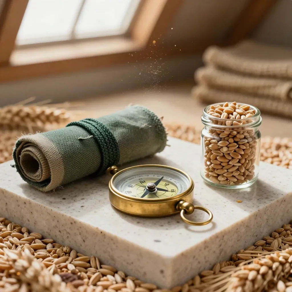 Brass compass, waxed field log, and grain sample jar on a travertine slab in a grain shed.