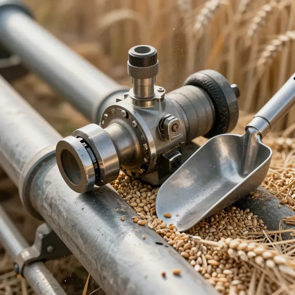 Moisture meter, auger coupling and steel scoop on a grain auger with wheat dust