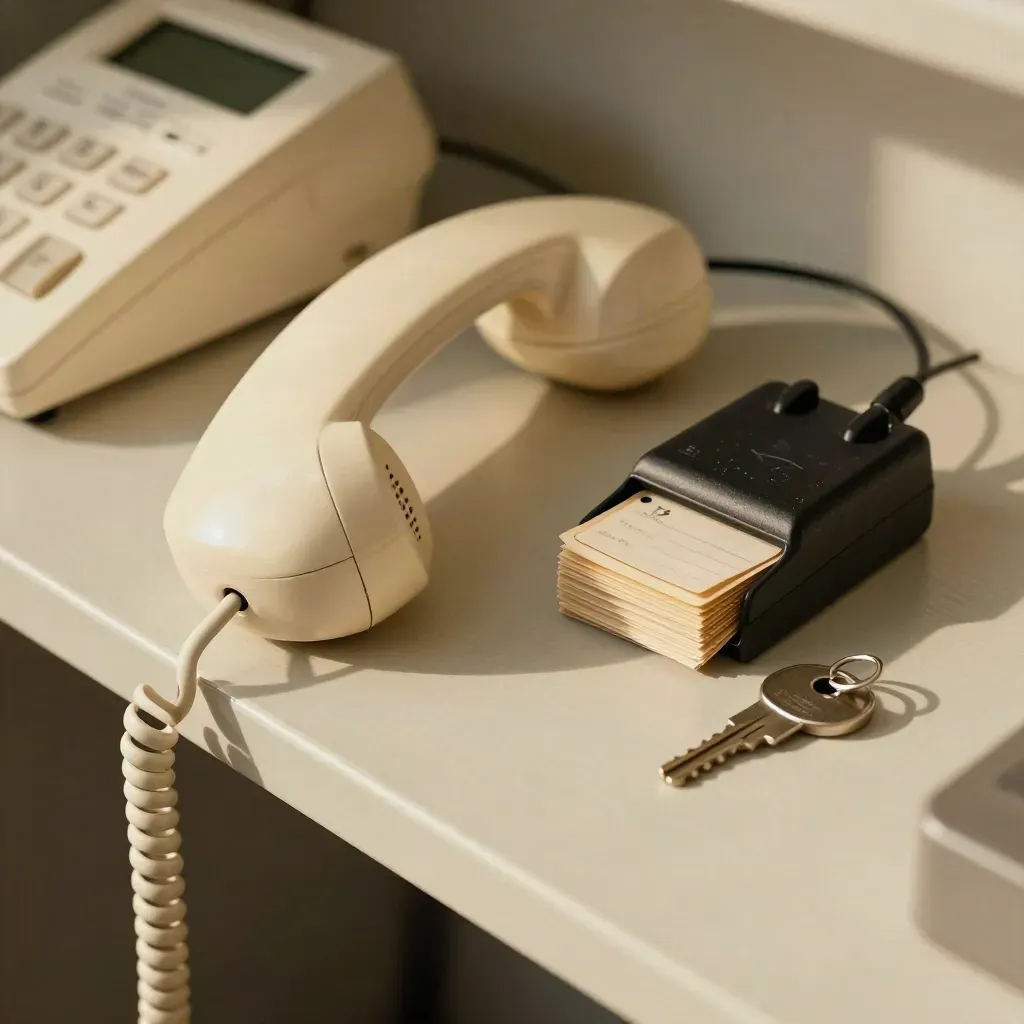 Phone handset, radio charger, dispatch tags and key ring on a cream office shelf.