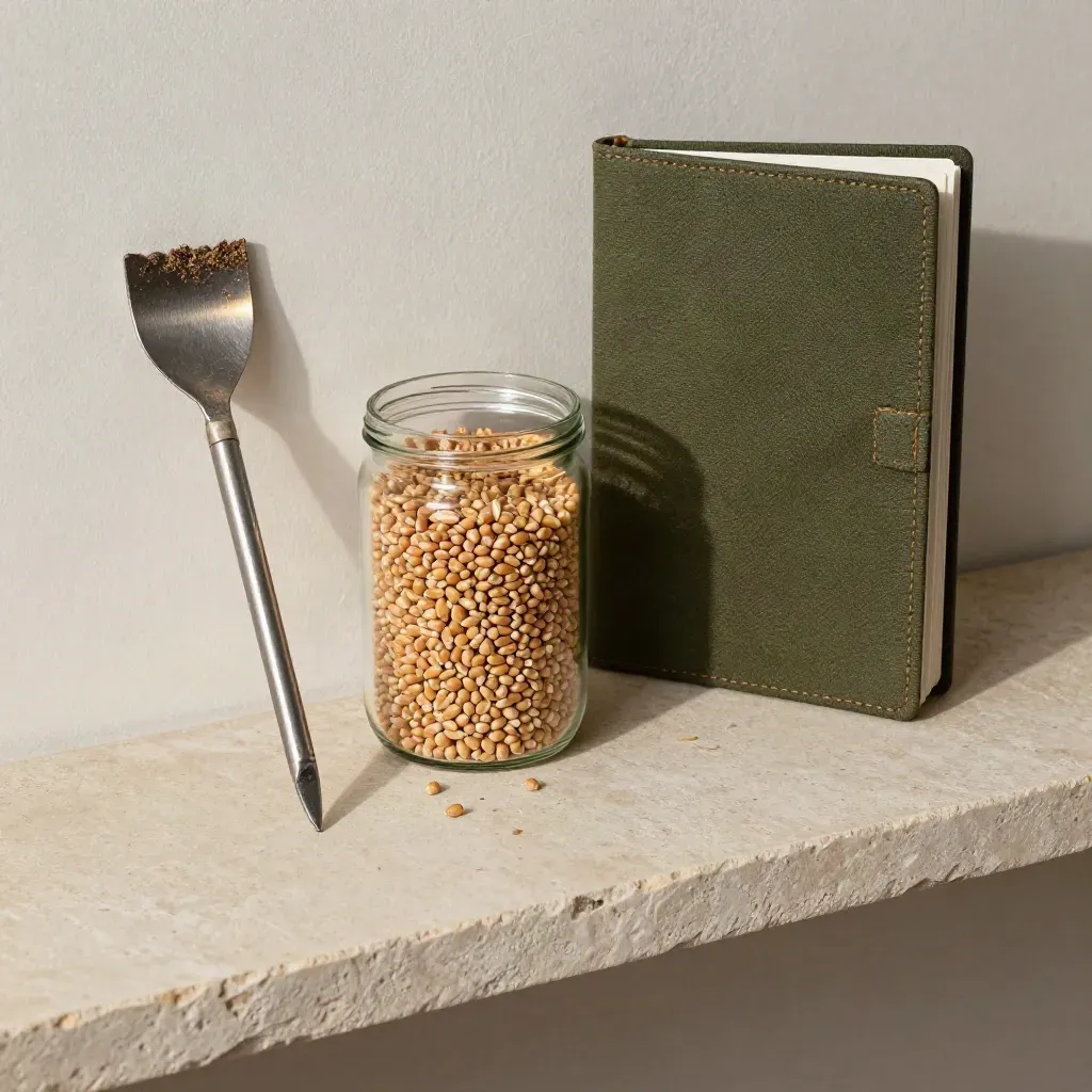 Soil auger, grain sample jar, and waxed-canvas notebook on a stone shelf.