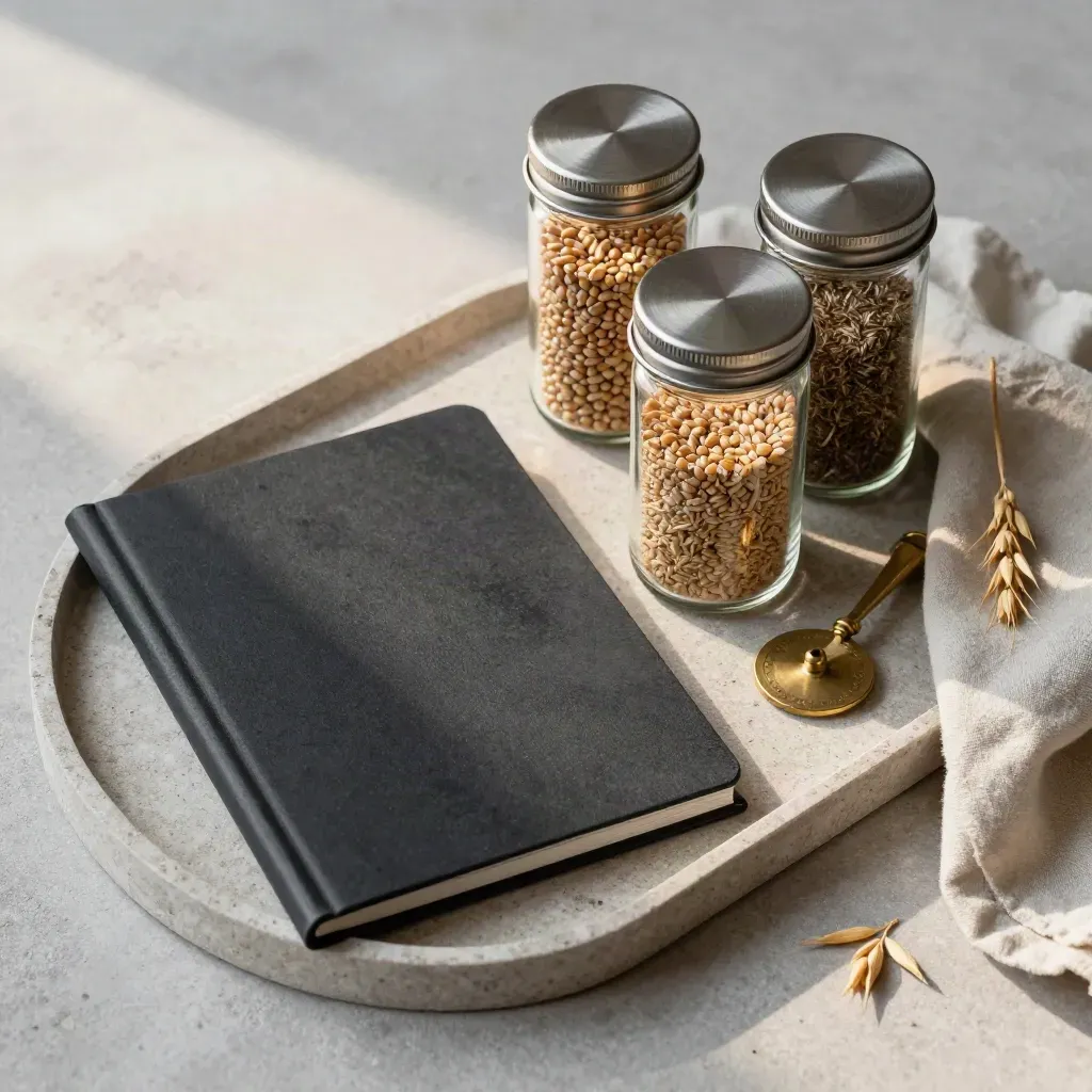 Overhead stone tray with closed report folio, sample jars, brass tally token, and linen cloth