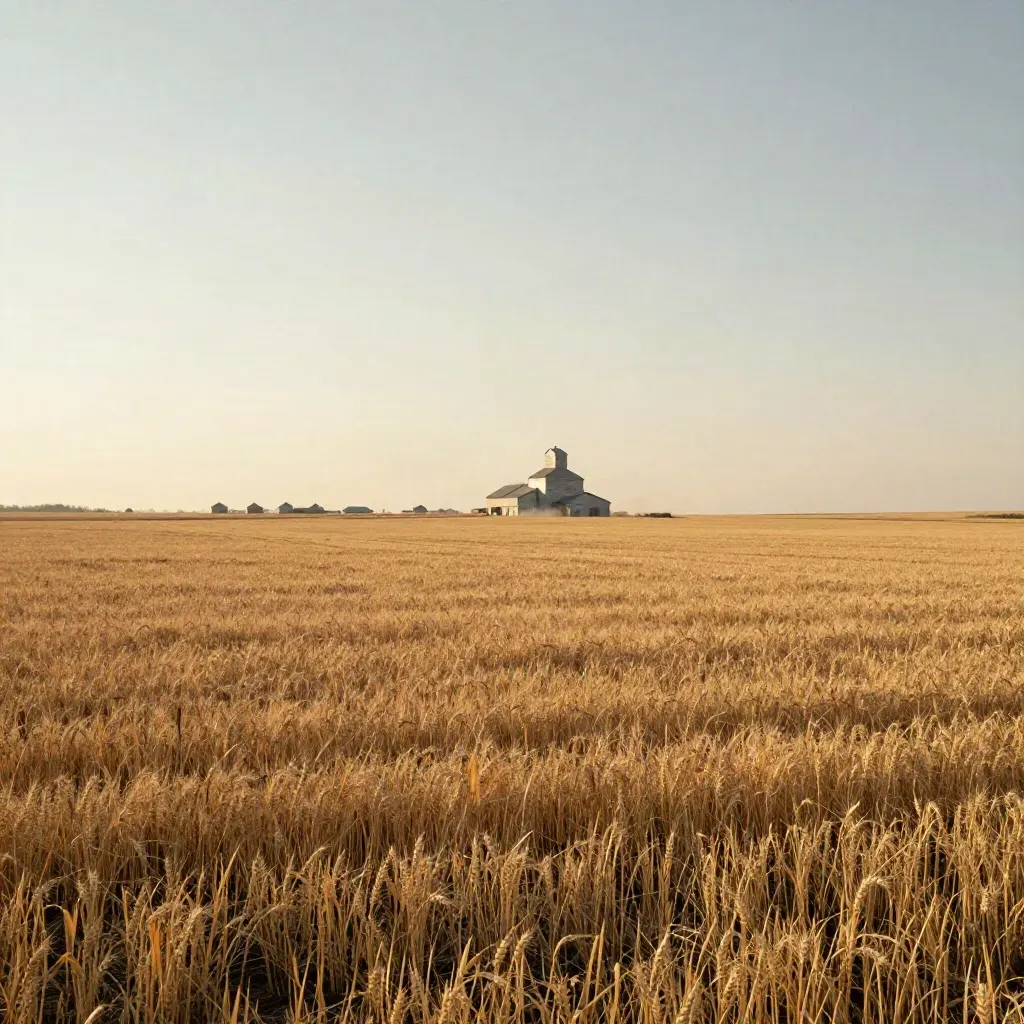 Prairie grain elevator above golden stubble under hazy Saskatchewan evening light.