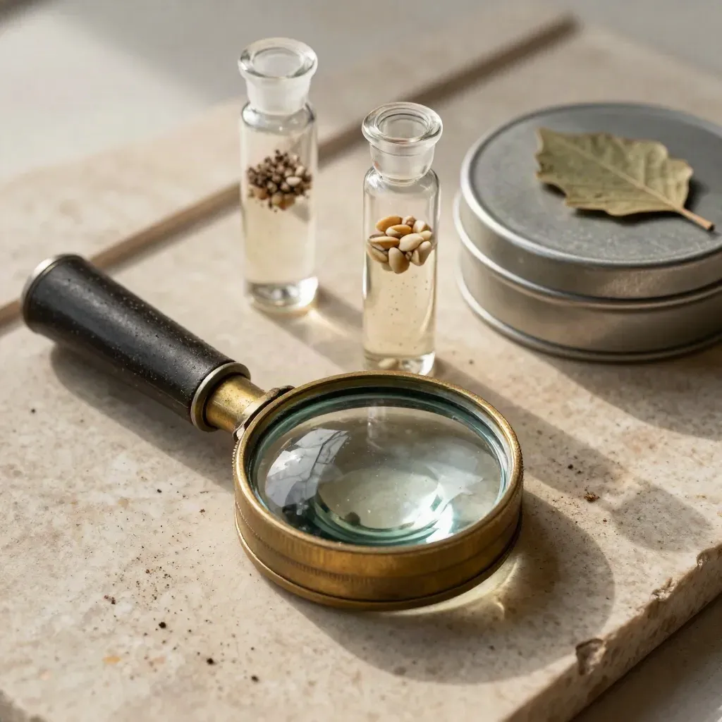 Field scouting glass, sample vials, and leaf tin on limestone in soft side light