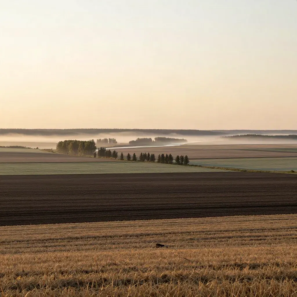 Manitoba farm belt fields at dawn with river mist and warm light