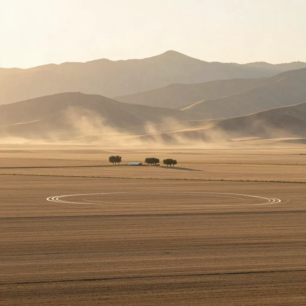 Southern Alberta fields under hazy mountains with a lone farm structure high in frame