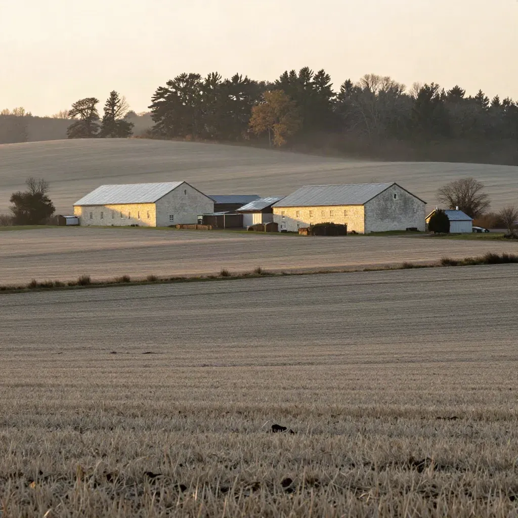 Rain-soft Eastern Ontario fields with limestone barns and shelterbelts under warm evening light.