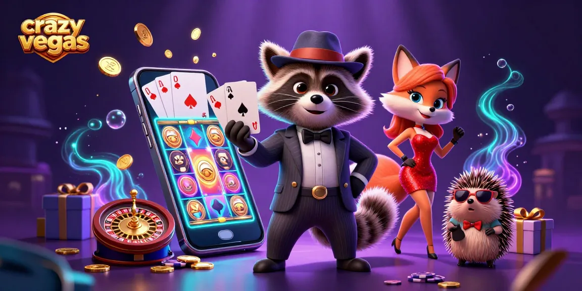 Enjoy the excitement of crazyvegas with a suave raccoon, a charming fox, and a bouncer in a vibrant casino scene.