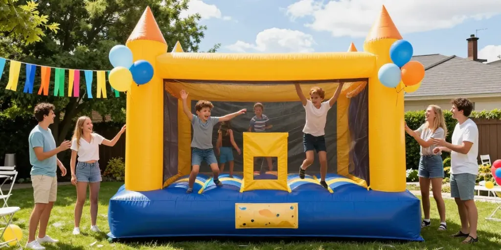 Children enjoying a bounce castle at a sunny birthday party full of laughter.