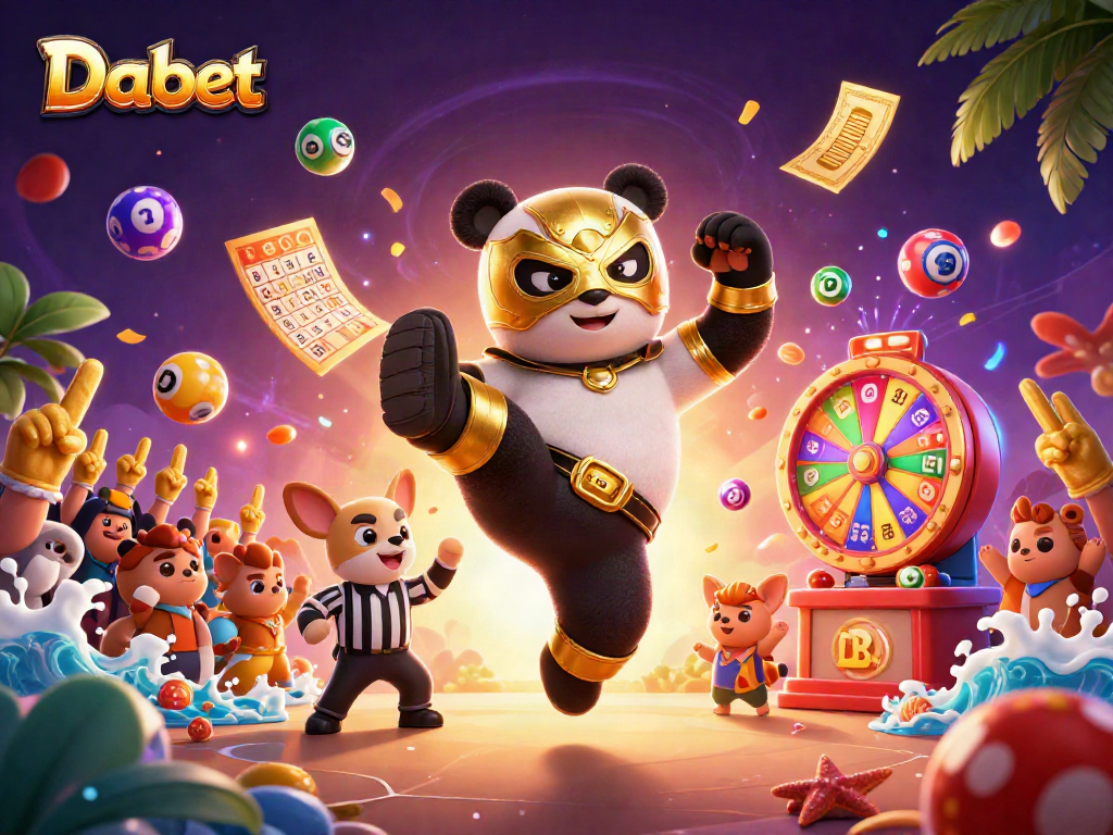 Dabet entertains with a panda wrestler in a vibrant casino scene, amidst dynamic lottery elements.