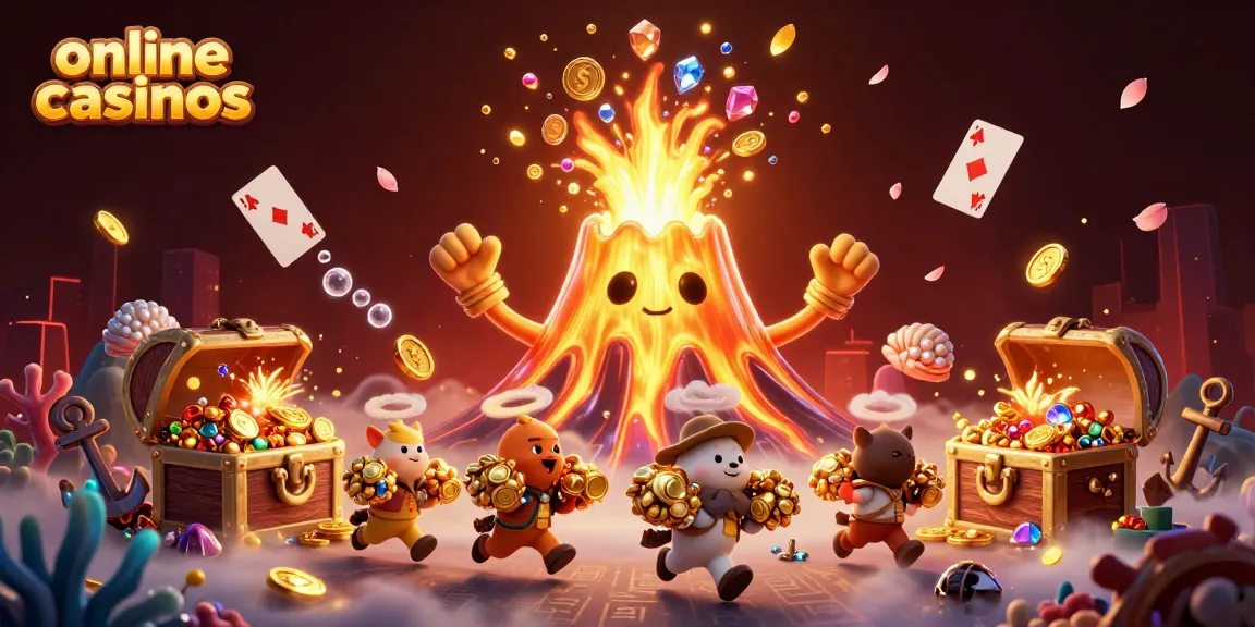 Experience online casinos with excitement as a golden volcano erupts with coins and gems.