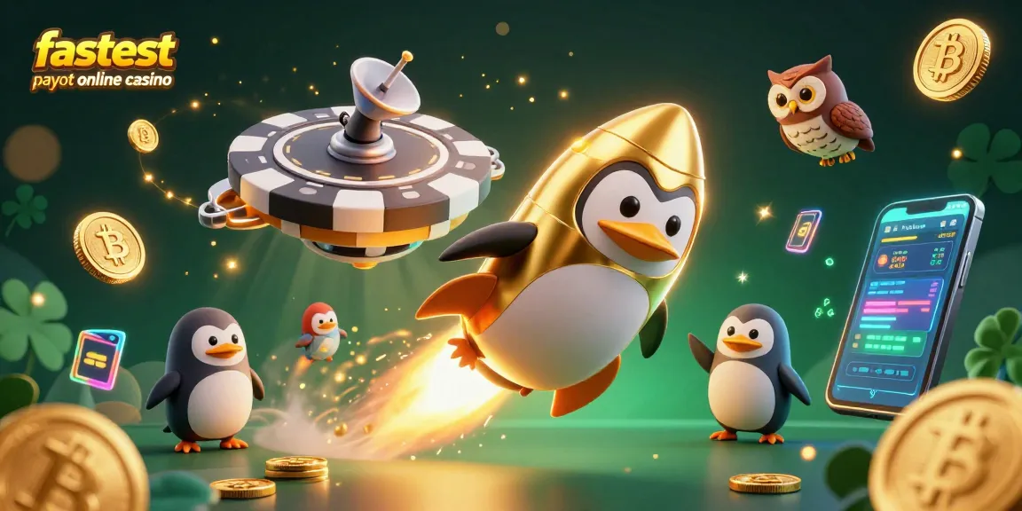 Experience the fastest payout online casino with a golden penguin racing toward a neon poker chip.